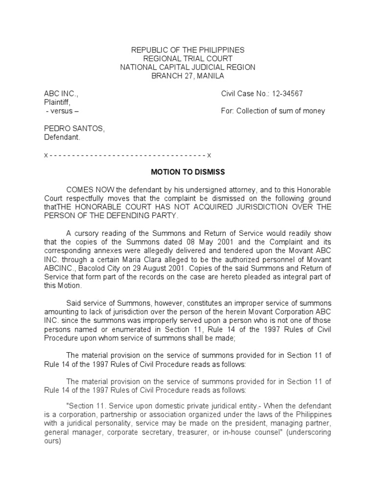 Motion To Dismiss | PDF | Summons | Complaint