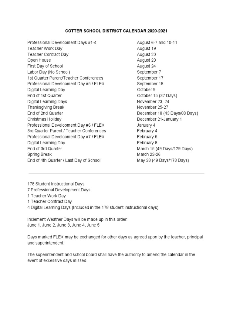 Cotter School District Calendar 20202021 PDF