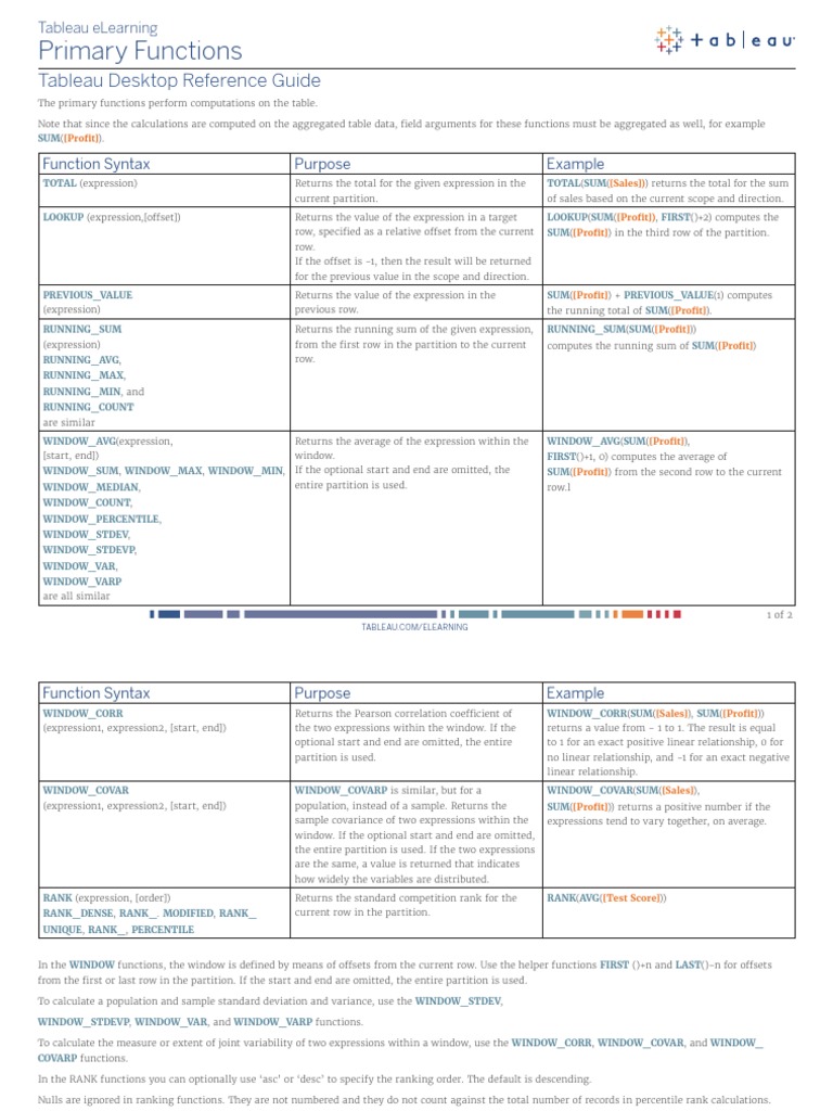 Primary Functions: Tableau Desktop Reference Guide | PDF | Correlation ...