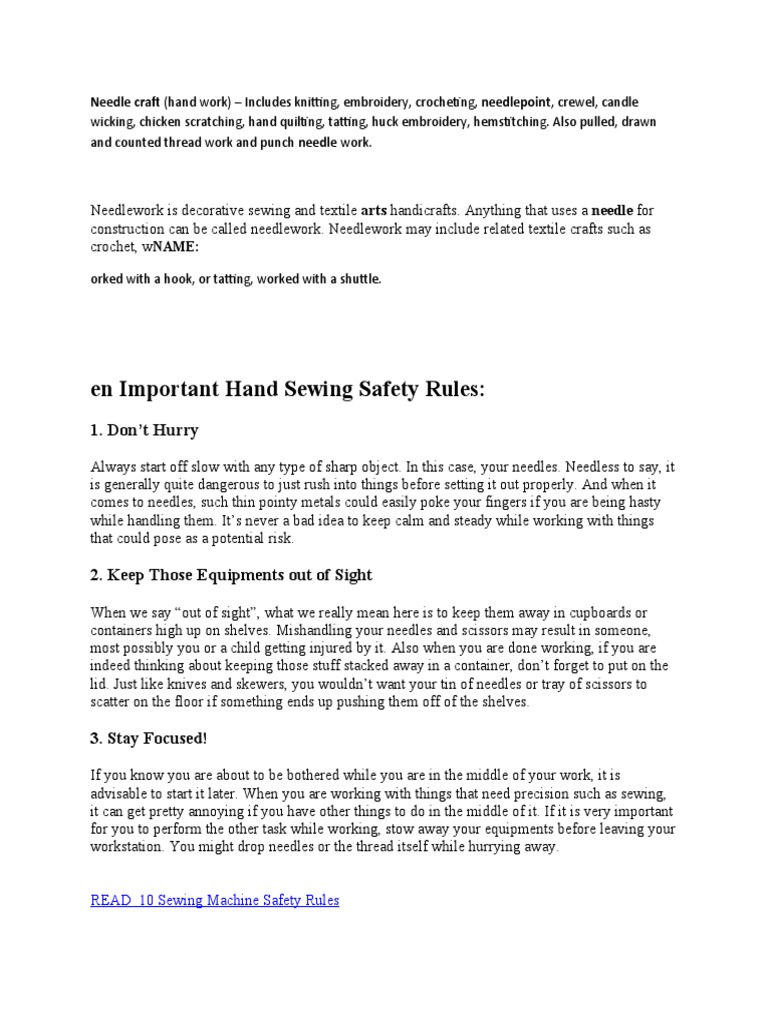Essential Hand Sewing Safety Rules PDF Sewing Needle Sewing