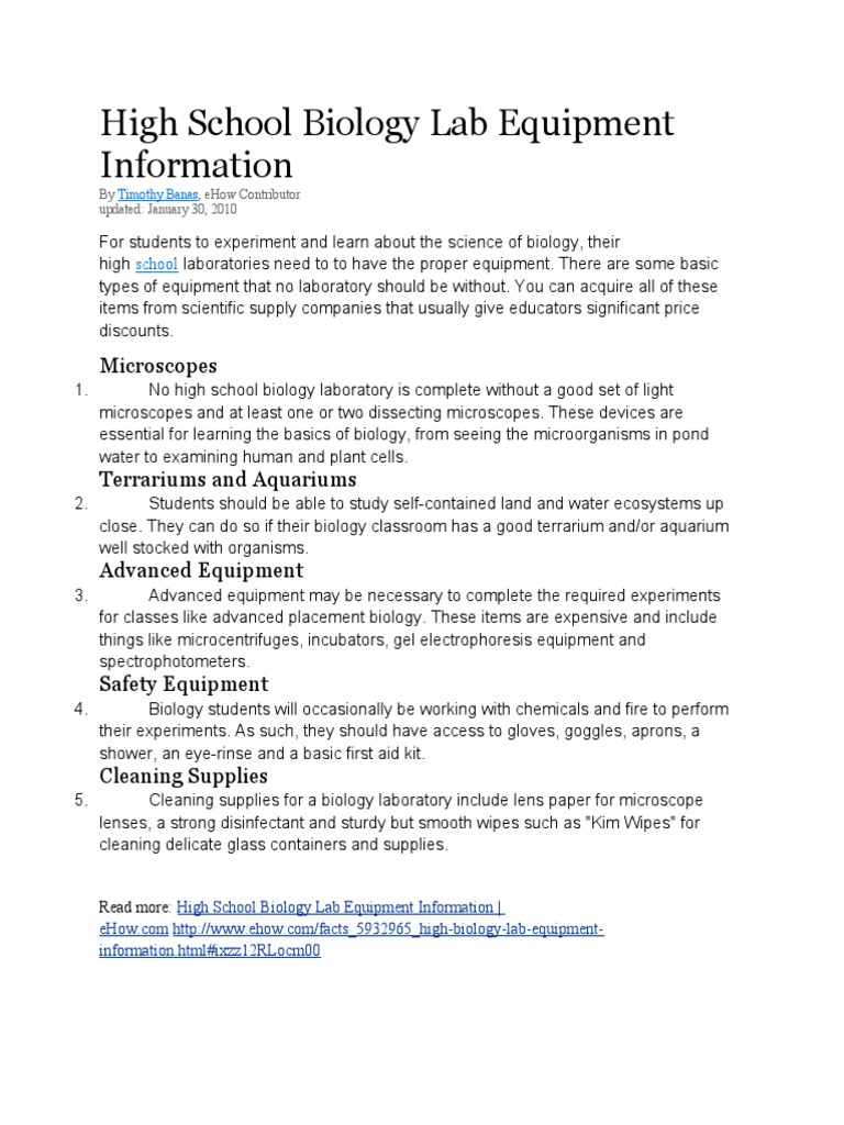 High School Biology Lab Equipment Information PDF Laboratories Nature
