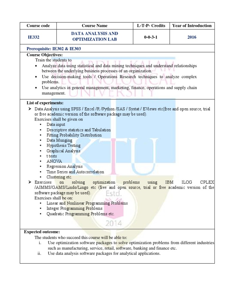 Data Analysis & Optimization Lab | PDF