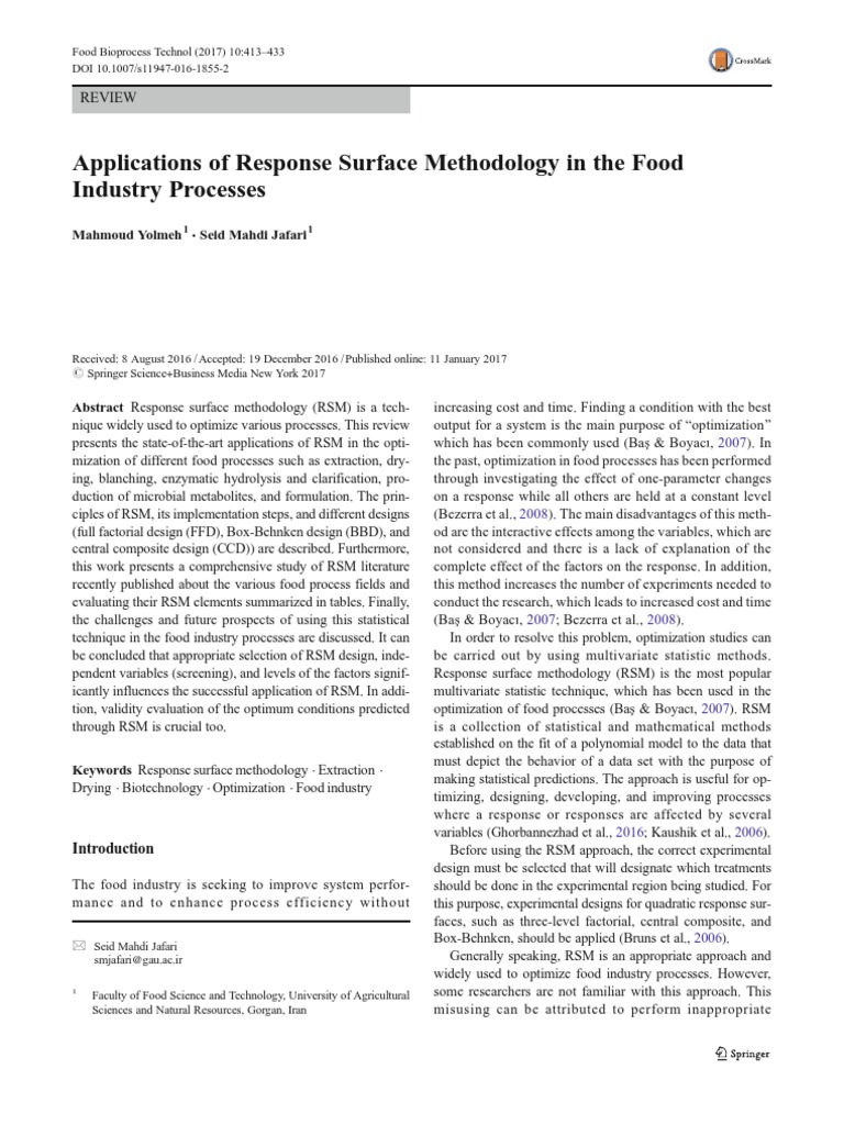 Applications of Response Surface Methodology in The Food Industry ...