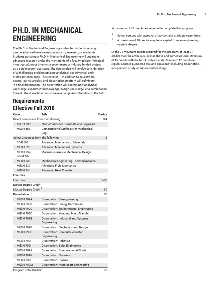 Ph.D. in Mechanical Engineering Overview | PDF | Thesis | Doctor Of ...