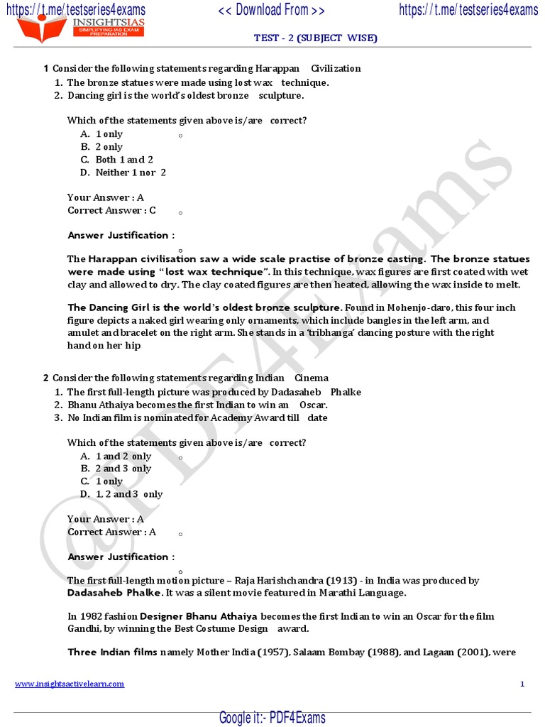 Harappan Civilization and Indian Cinema Quiz | PDF