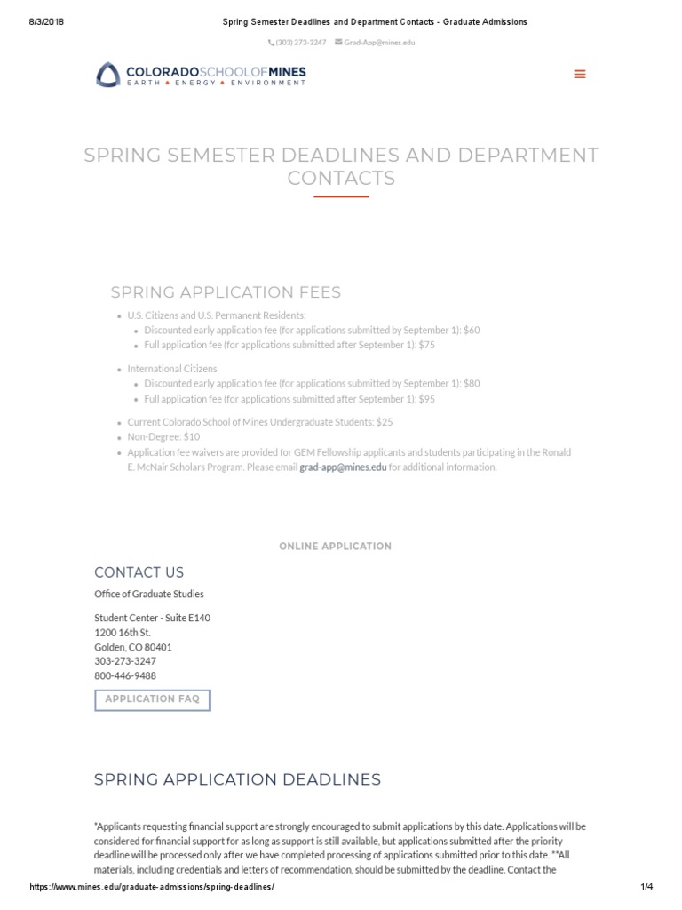 Spring Semester Deadlines and Department Contacts Graduate Admissions