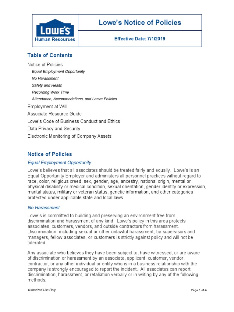 Lowe's Notice of Policies Human Resources Effective Date 7/1/2019