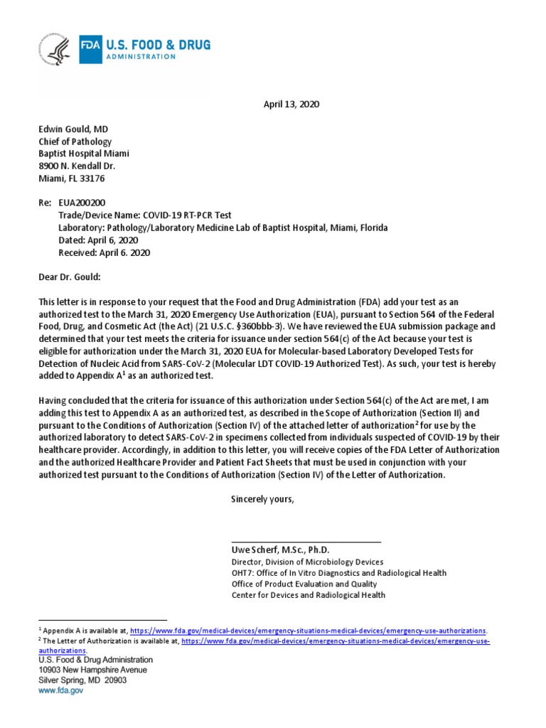 EUA Baptist COVID19 Letter | PDF | Medical Laboratory | Life Sciences