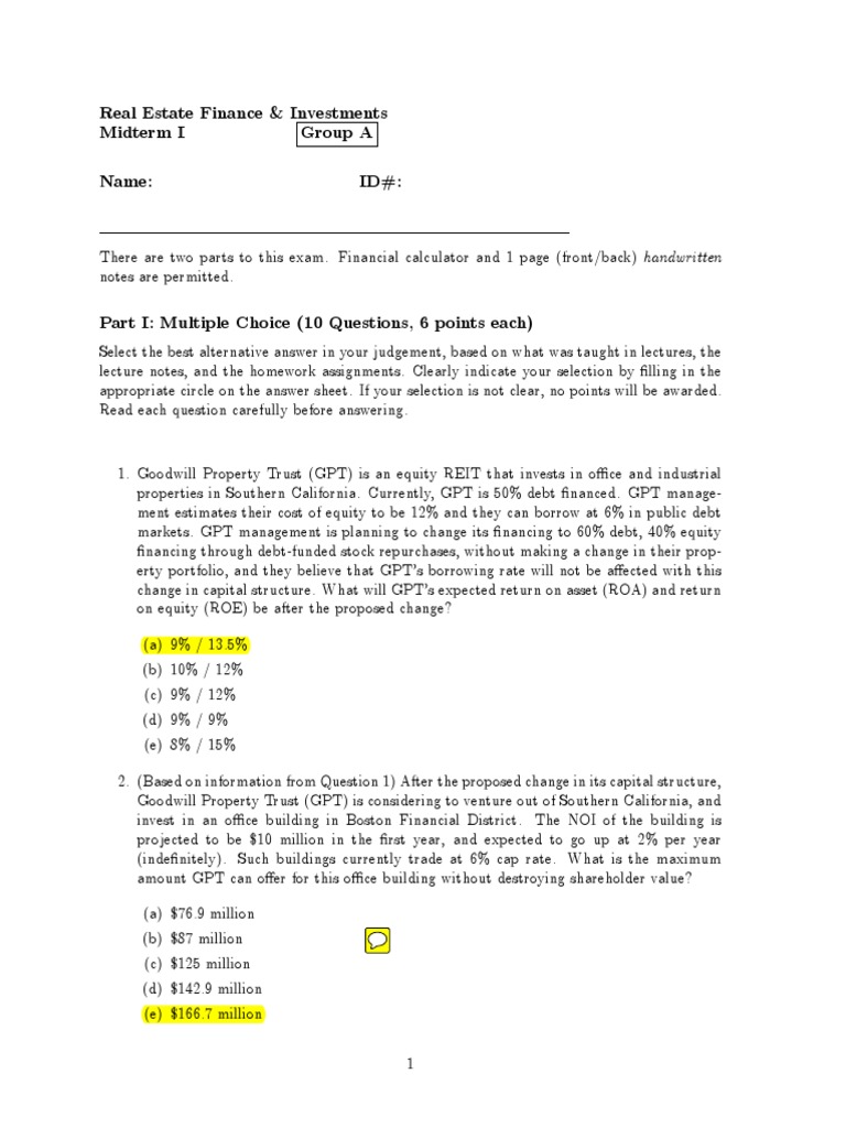 Real Estate Finance & Investments Midterm I Group A PDF Bonds