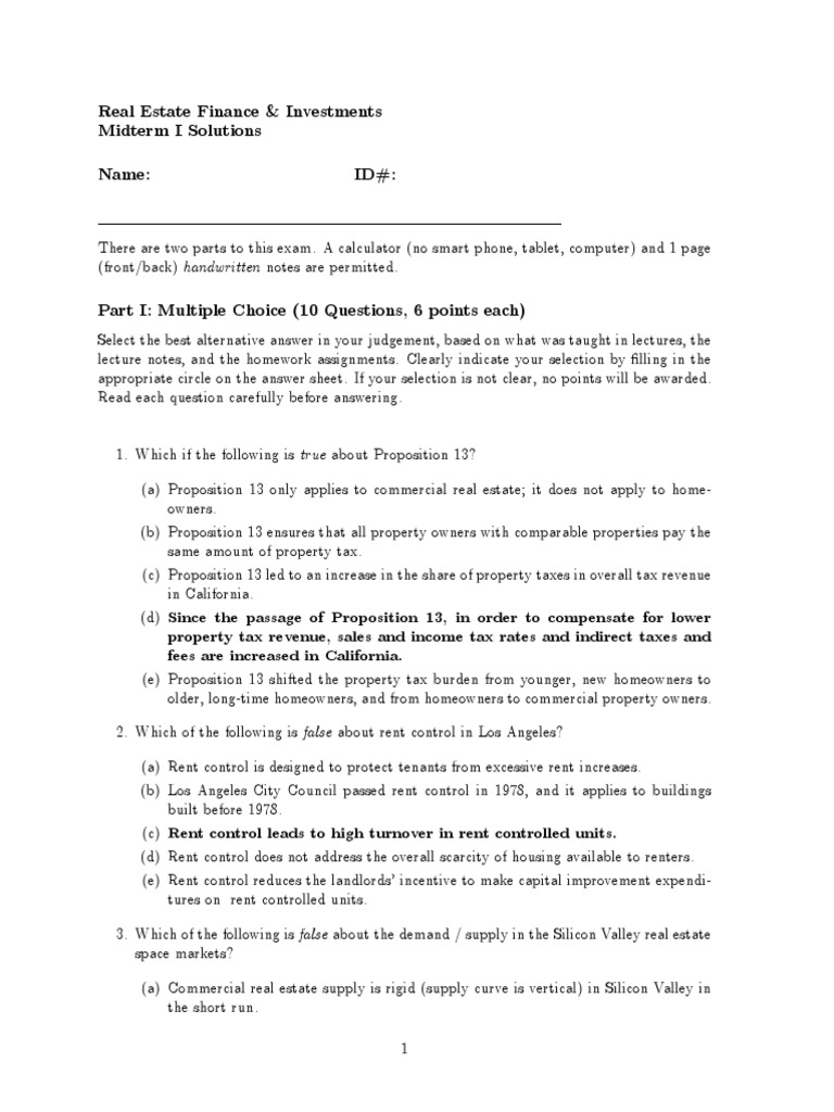 Real Estate Finance & Investments Midterm I Solutions Name ID