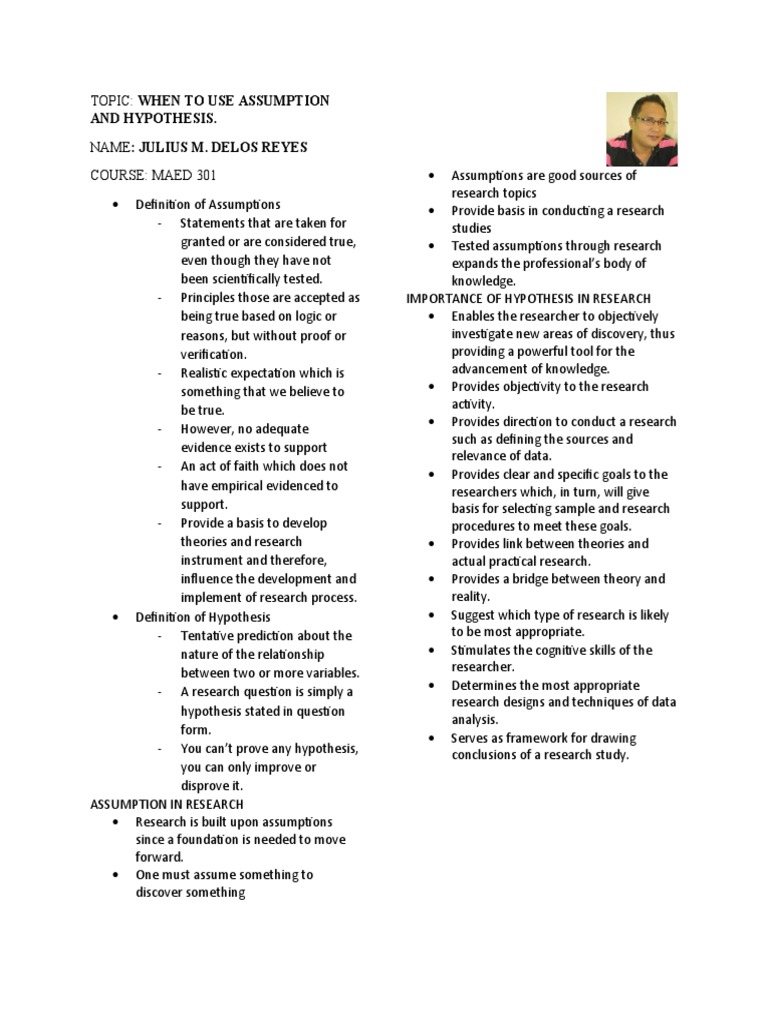 Assumptions and Hypotheses in Research | PDF | Hypothesis | Metaphilosophy