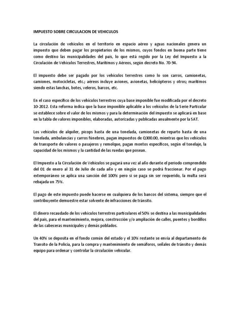 Impuesto sobre Circulación de Vehículos en Guatemala | PDF