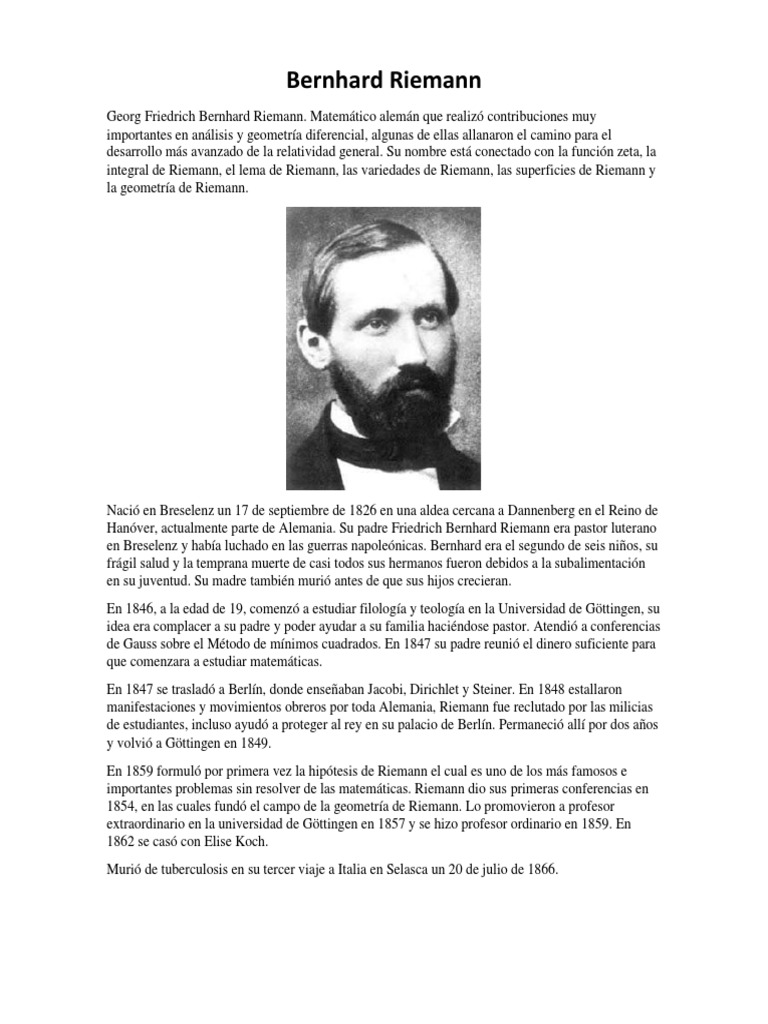 Bernhard Riemann PDF | PDF | Enseñanza de matemática | Análisis matemático