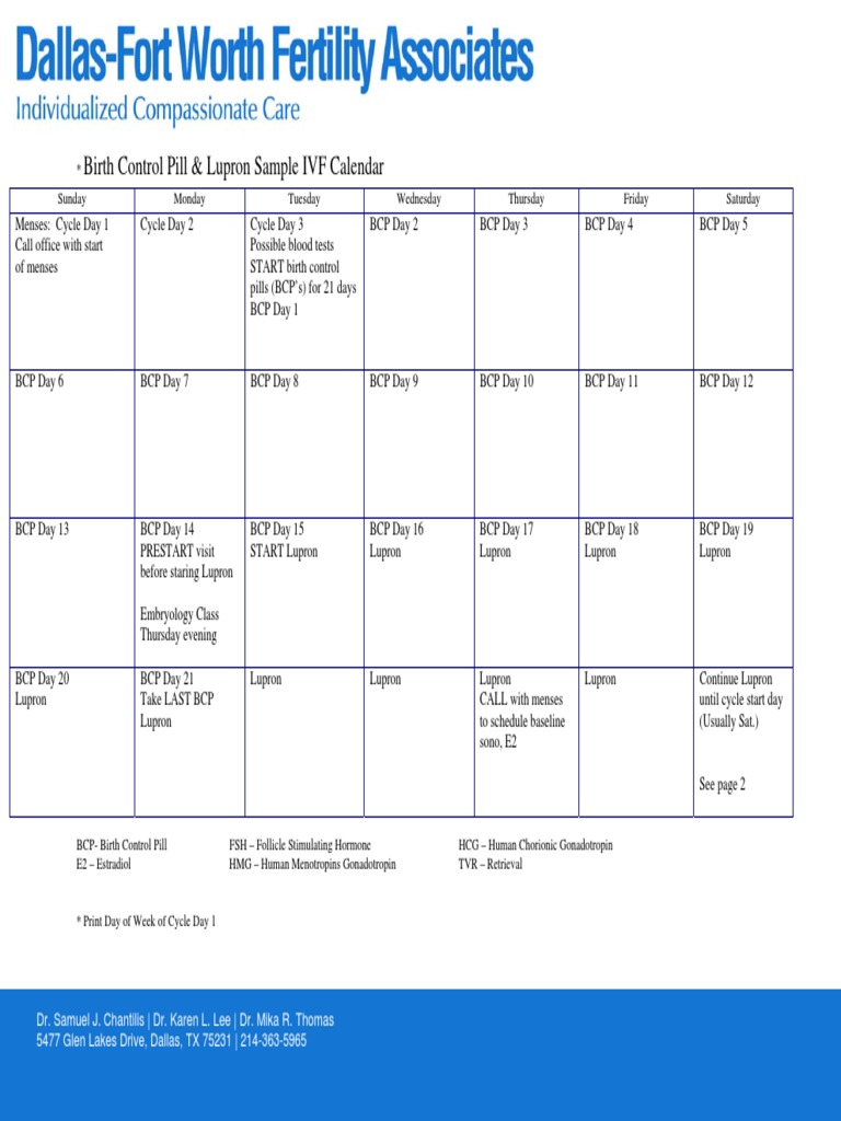 Birth Control Pill & Lupron Sample IVF Calendar | PDF | Gonadotropin | Human Chorionic Gonadotropin