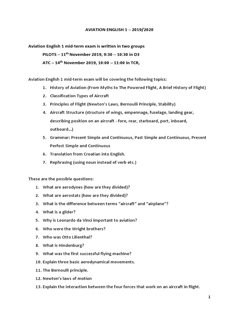 AVIATION ENGLISH 1 - 2019/2020: TH TH | PDF | Aircraft | Aeronautics