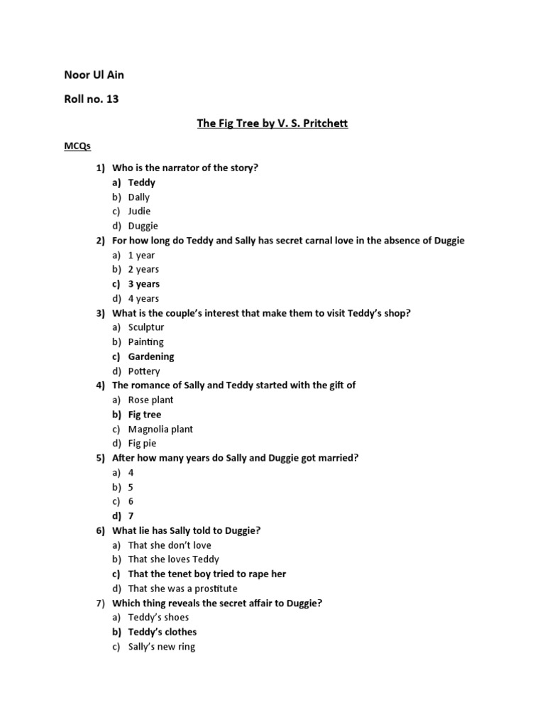 12 The Fig Tree by V. S. Pritchett MCQs and Short Question PDF