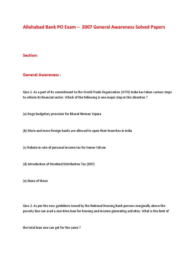 Allahabad Bank PO Sample Paper 3 | PDF | Reserve Bank Of India | Banks