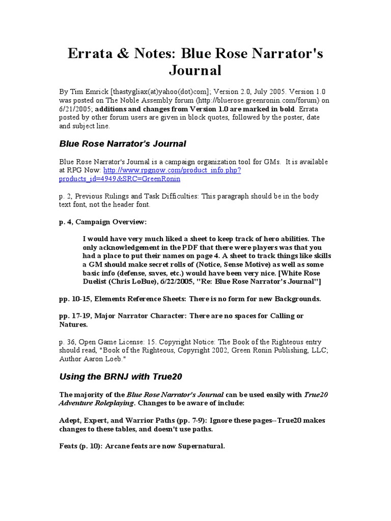 Errata Notes Blue Rose Narrator S Journal Role Playing Games Role Playing