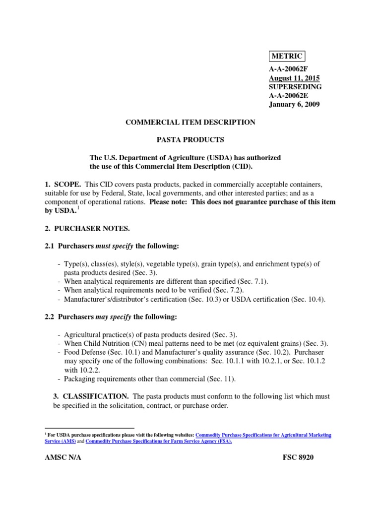 For USDA Purchase Specifications Please Visit The Following sites