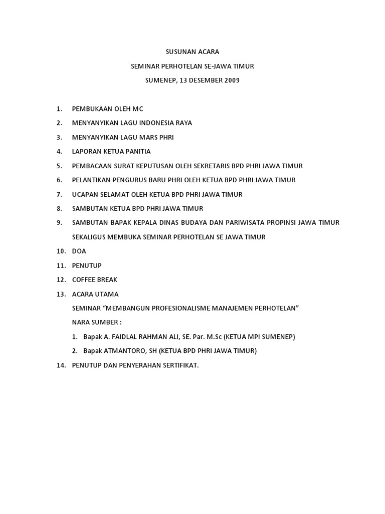 Susunan Acara Seminar Per Hotel An