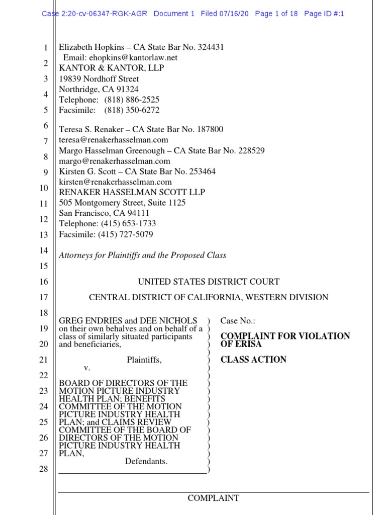 Endries V Motion Picture Industry Health Plan | Download Free PDF ...