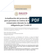 Actualización del protocolo de atención para personas en centros de hospedaje y restaurantes durante la cuarentena obligatoria por Covid