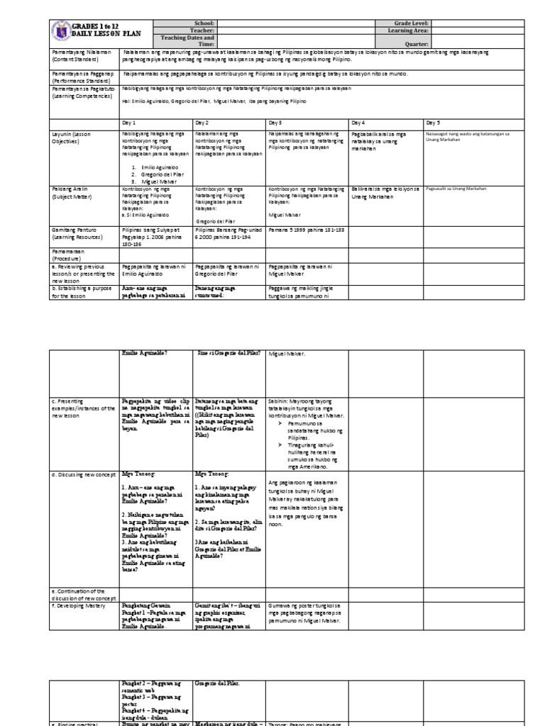 GRADES 1 To 12 Daily Lesson Plan: School: Grade Level: Teacher ...