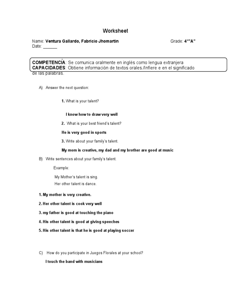 English Talent Worksheet for Grade 4 | PDF