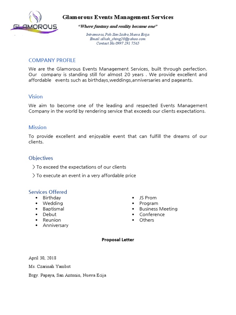 Glamorous Events Management Services: Company Profile | PDF | Wedding ...