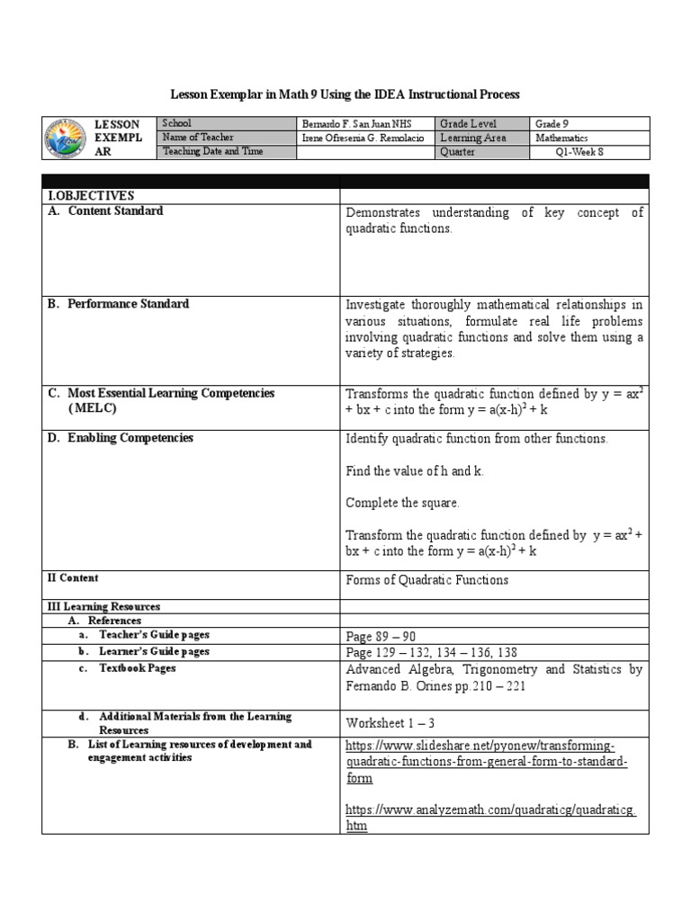 Lesson Exemplar in Math 9 Using The IDEA Instructional Process | PDF ...