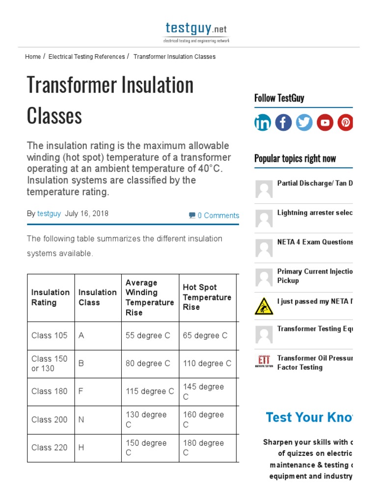 Transformer Insulation Classes: Test Your Know | PDF | Transformer ...