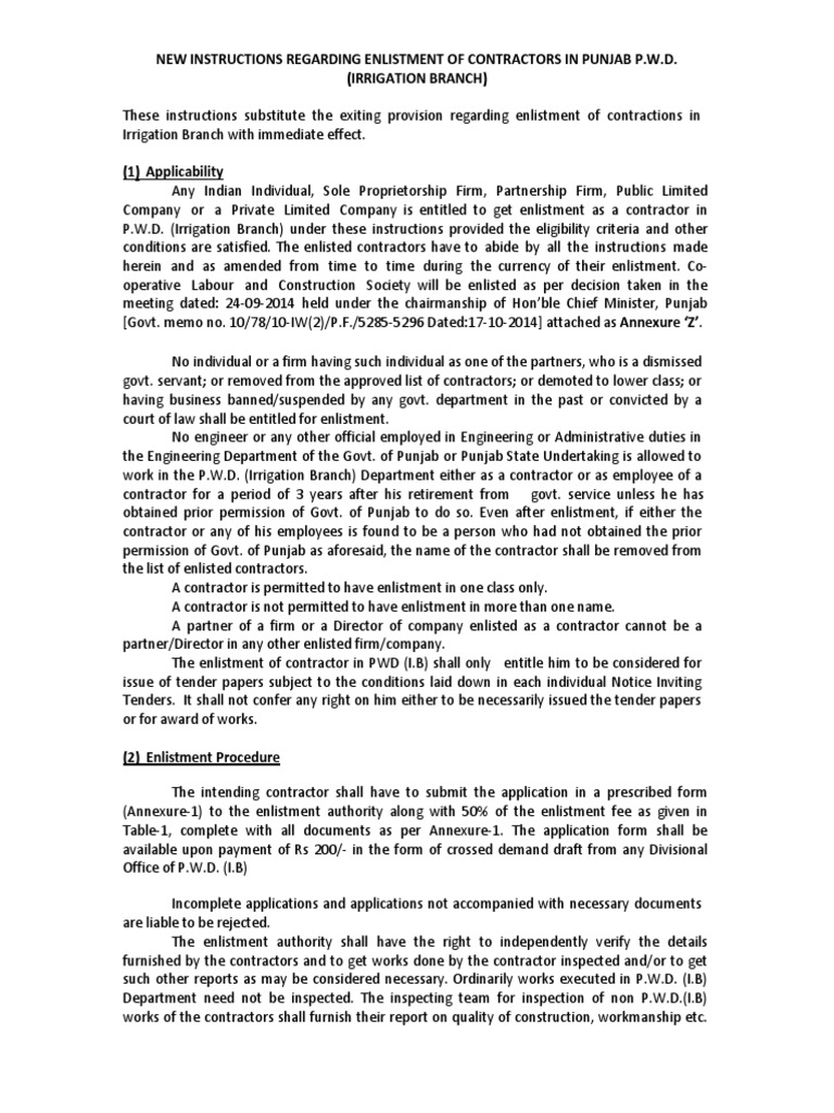 Punjab PWD Contractor Enlistment Guide | PDF | Value Added Tax ...