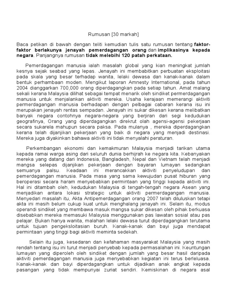 Faktor Berlakunya Jenayah Pemerdagangan Orang Dan Implikasinya Kepada Negara Panjangnya Rumusan Tidak Melebihi 120 Patah Perkataan Pdf
