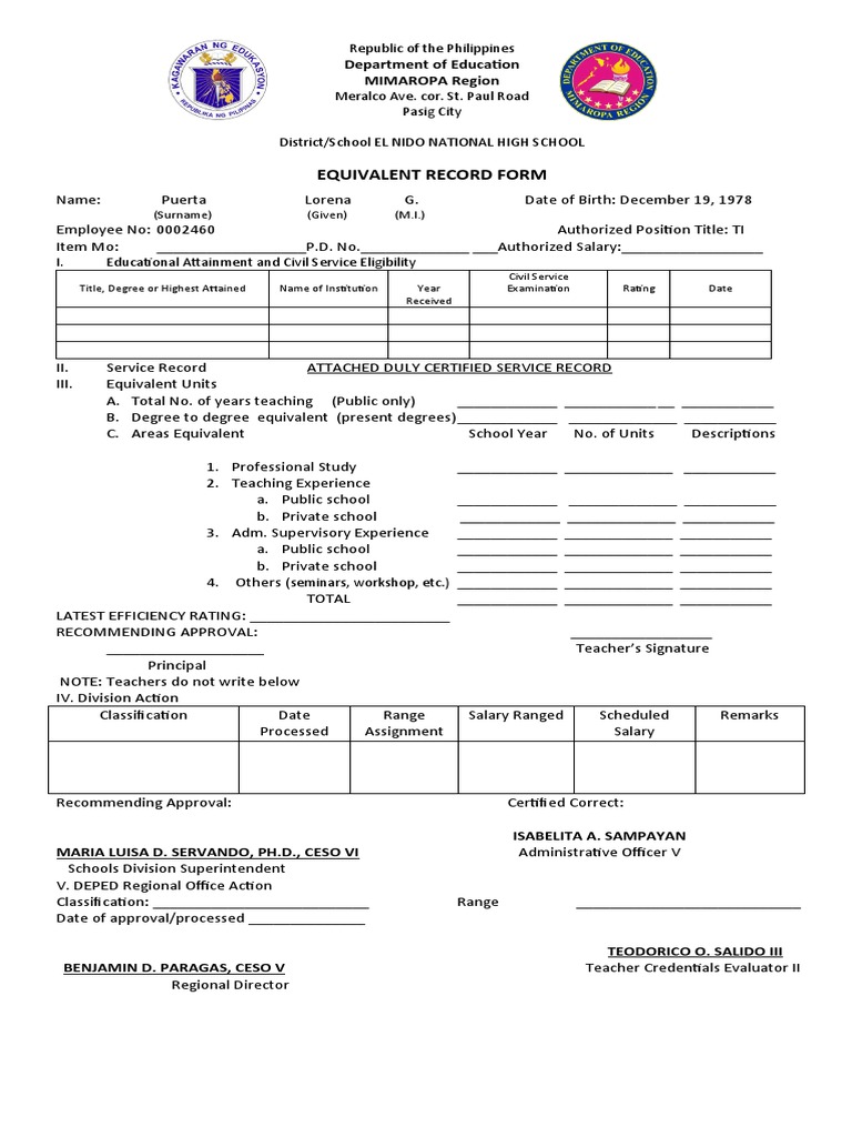 Equivalent Record Form: Department of Education MIMAROPA Region | PDF ...