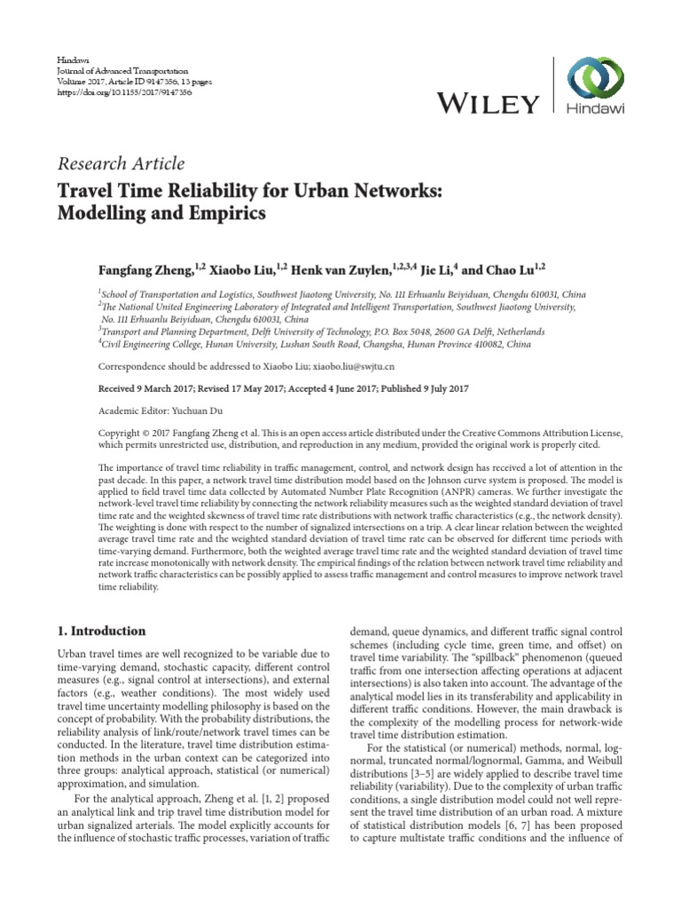 Research Article: Travel Time Reliability For Urban Networks: Modelling ...