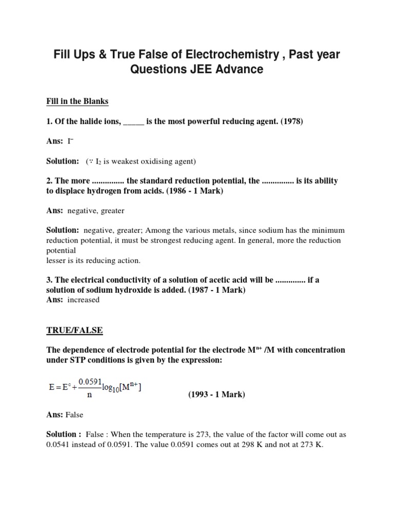Fill Ups & True False of Electrochemistry, Past Year Questions JEE