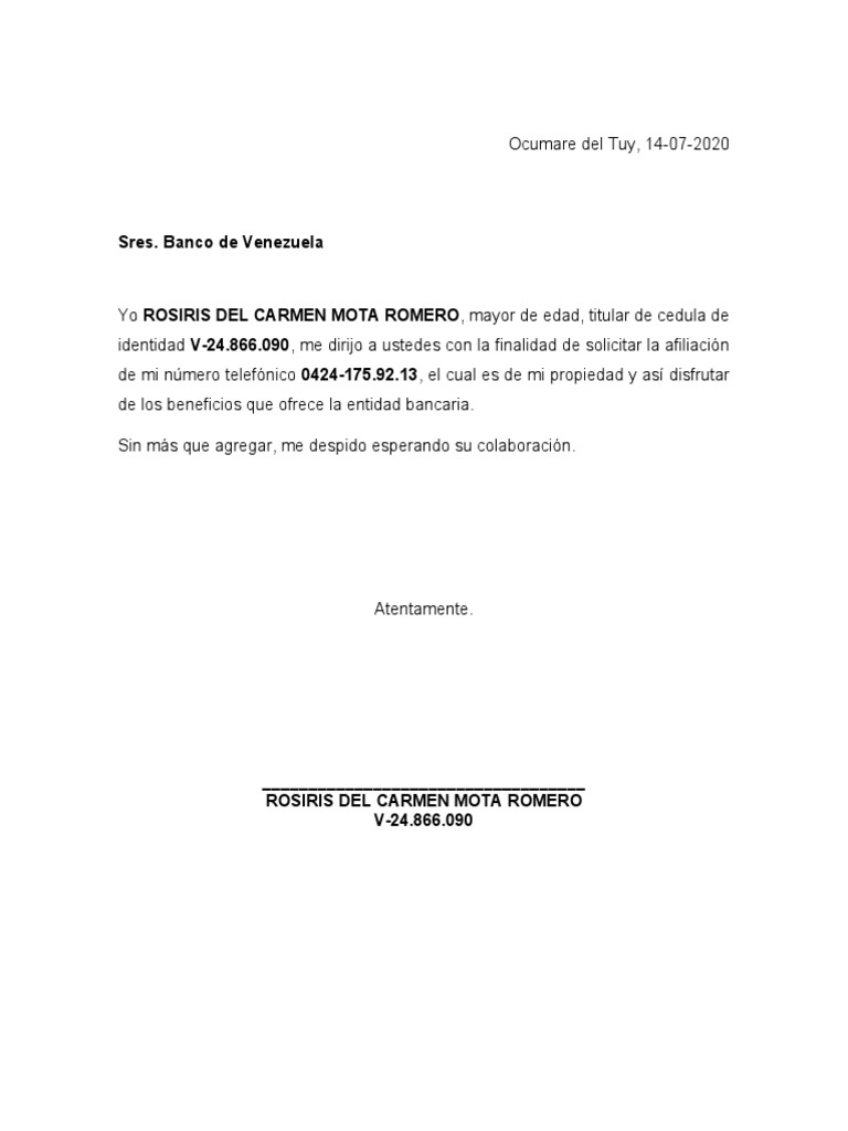 Carta Motivo Cambio de Telefono Banco de Venezuela | PDF