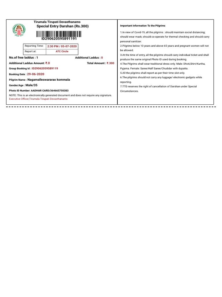 Ttd Special Entry Darshan Receipt