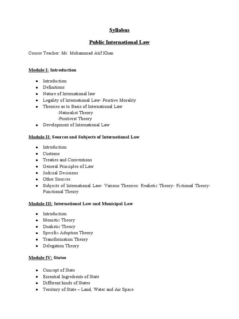 Public International Law Syllabus 2019 | PDF | International Law | Treaty
