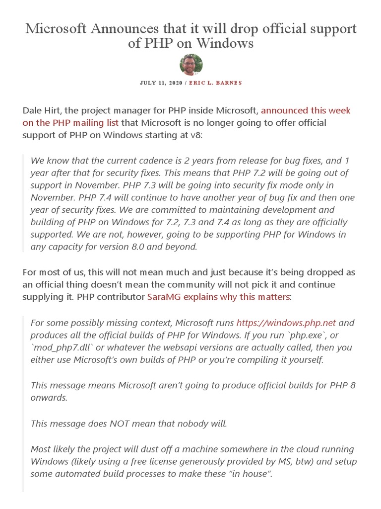 Microsoft Ends PHP Support on Windows | PDF