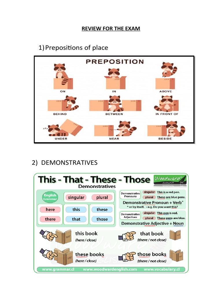 1) Prepositions of Place: Review For The Exam | PDF