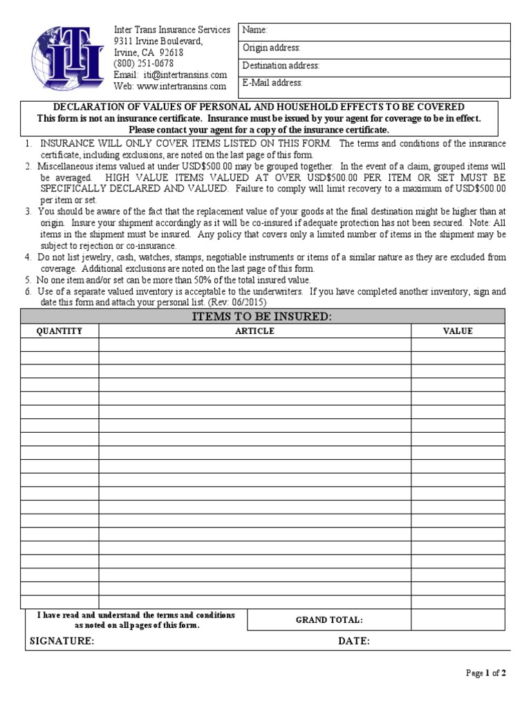 Items To Be Insured:: Quantity Article Value | PDF | Deductible | Insurance