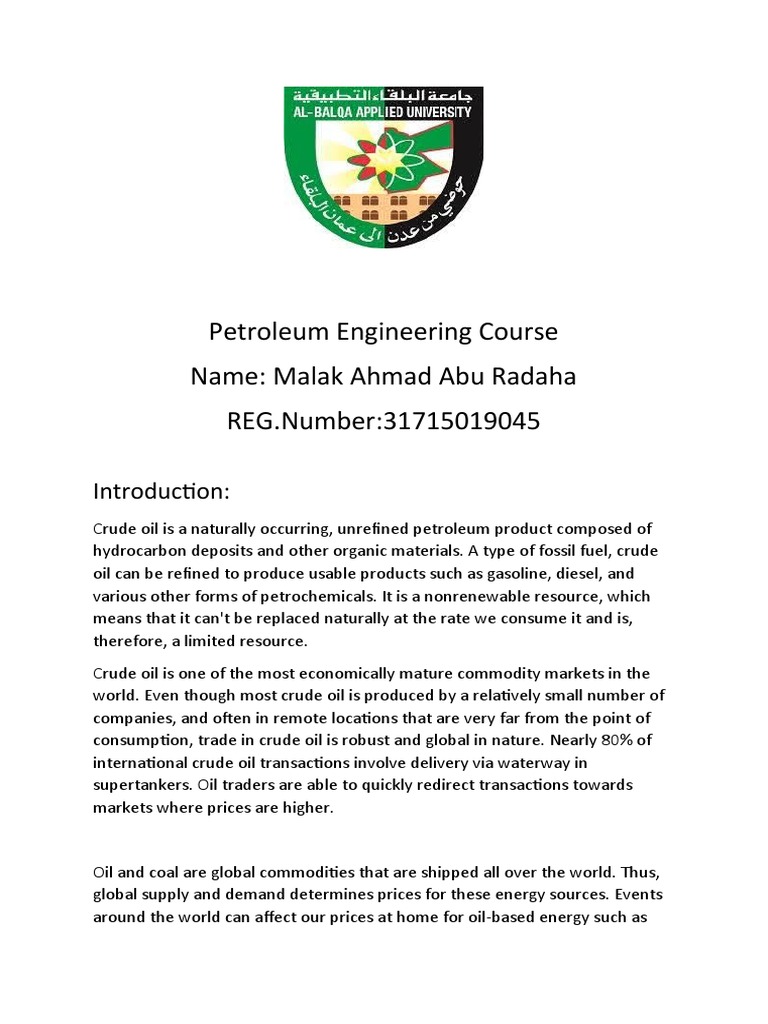 Petroleum Engineering Course Name Malak Ahmad Abu Radaha REG Number