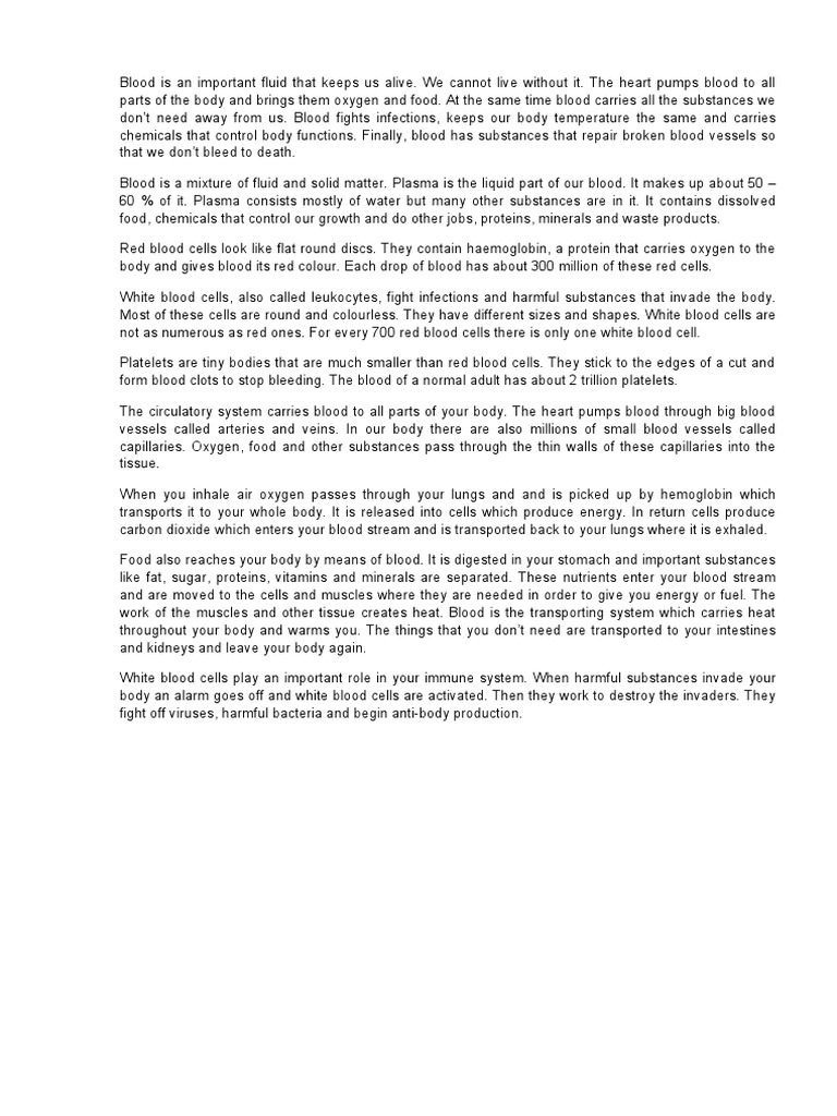 Blood Worksheet PDF Blood Human Body