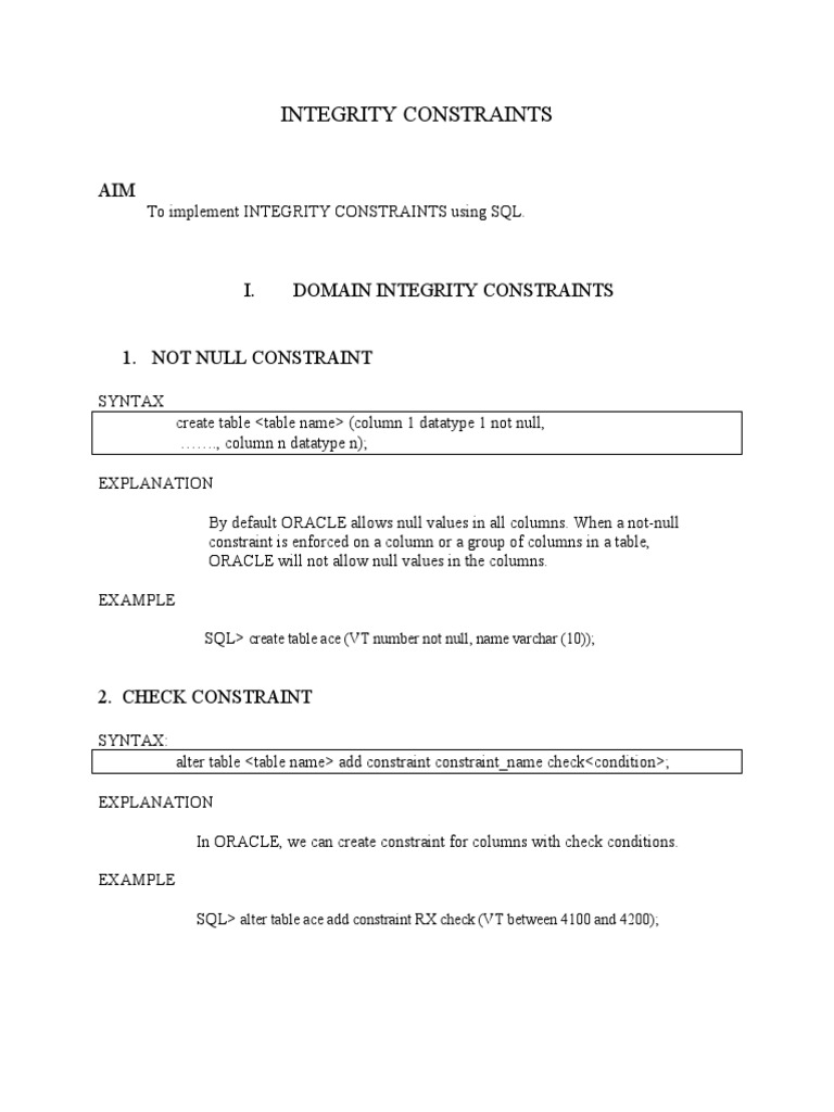 Integrity Constraints Create Table Ace Vt Number Not Null Name Varchar 10 Table Database Information Retrieval
