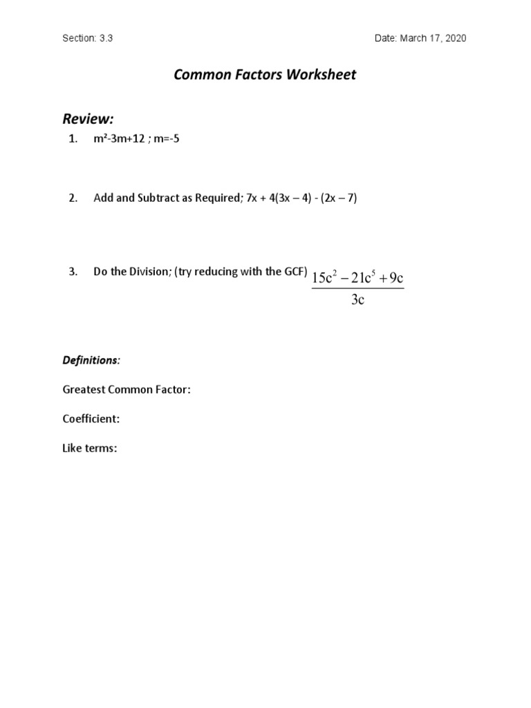 Common Factors and Algebra Tiles Worksheet | PDF | Factorization ...