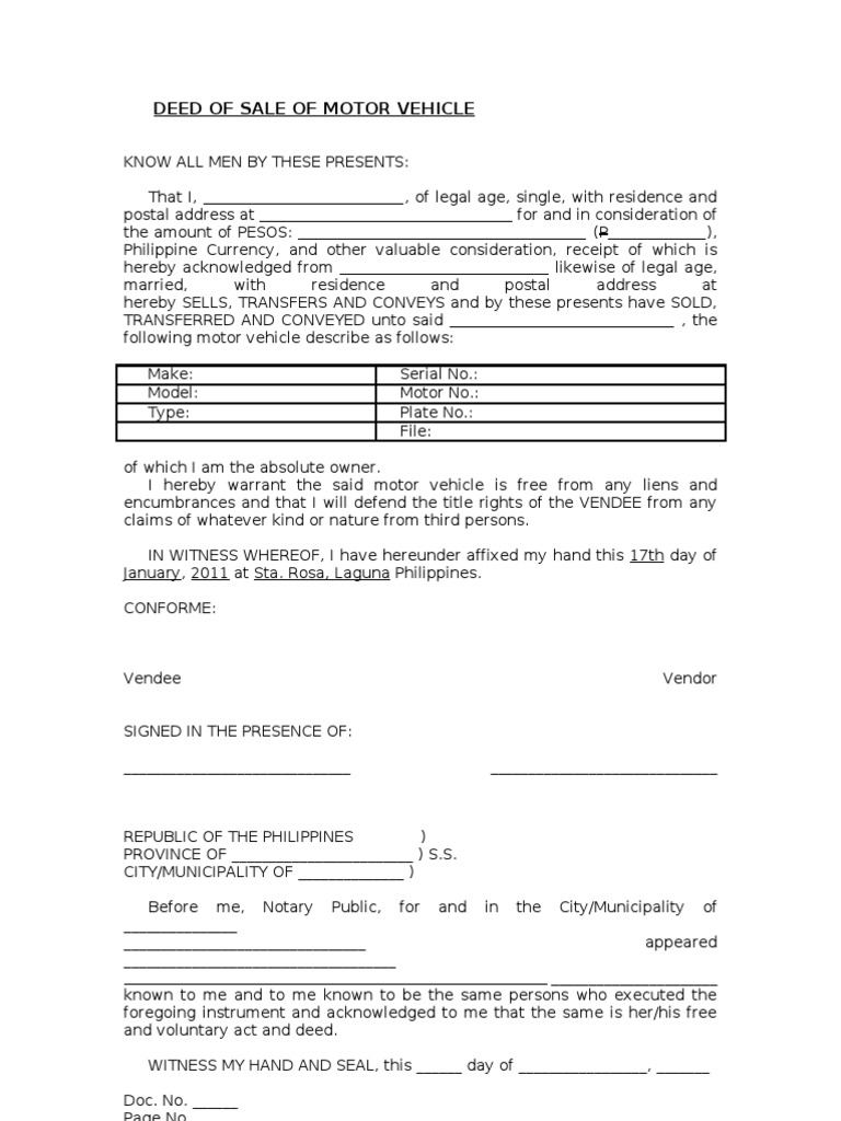 Blank deed of sale of motor vehicle template natural resources law