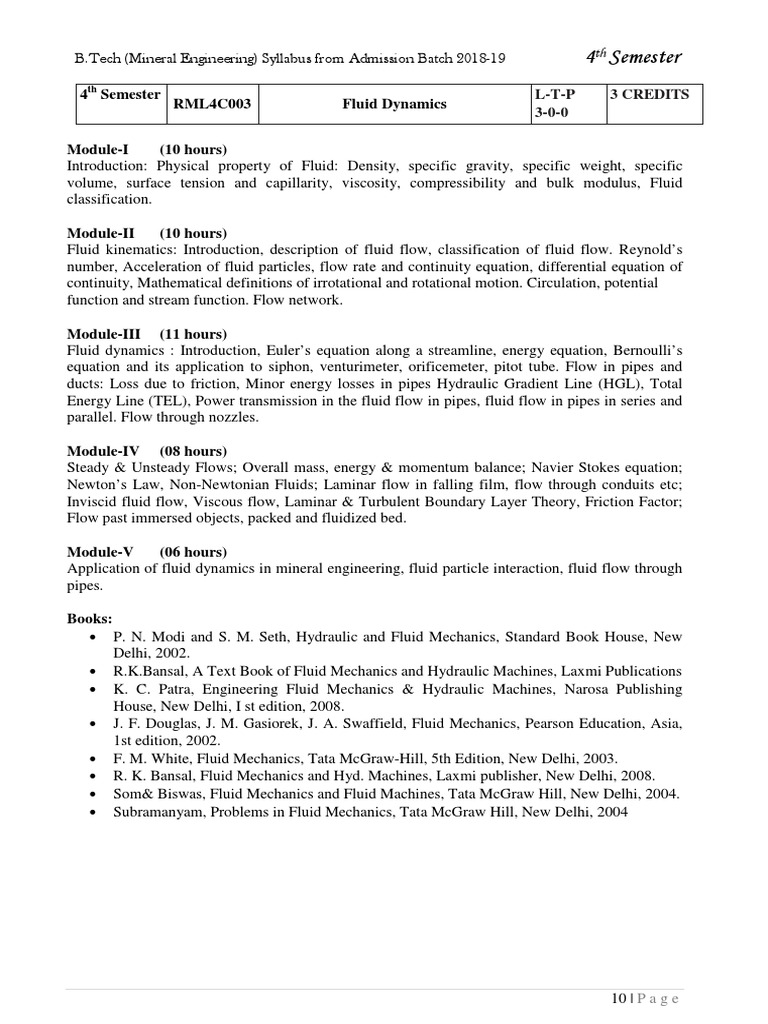 B.Tech Mineral Engineering Fluid Dynamics Syllabus | PDF | Fluid ...