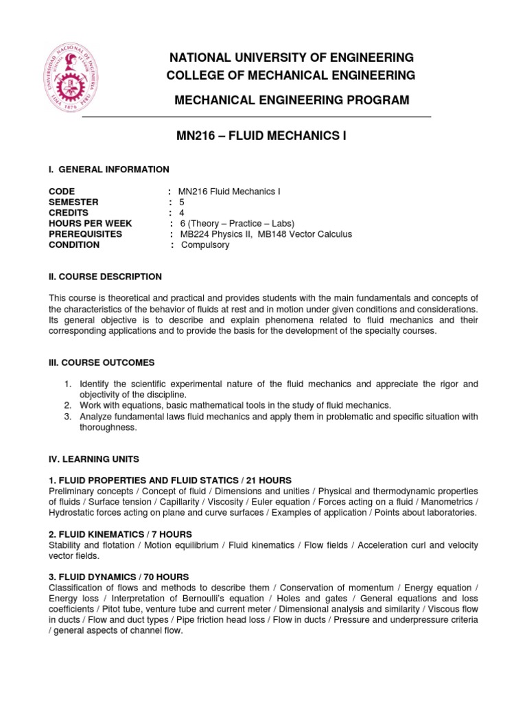 Fluid Mechanics Course Overview | PDF | Fluid Mechanics | Fluid Dynamics