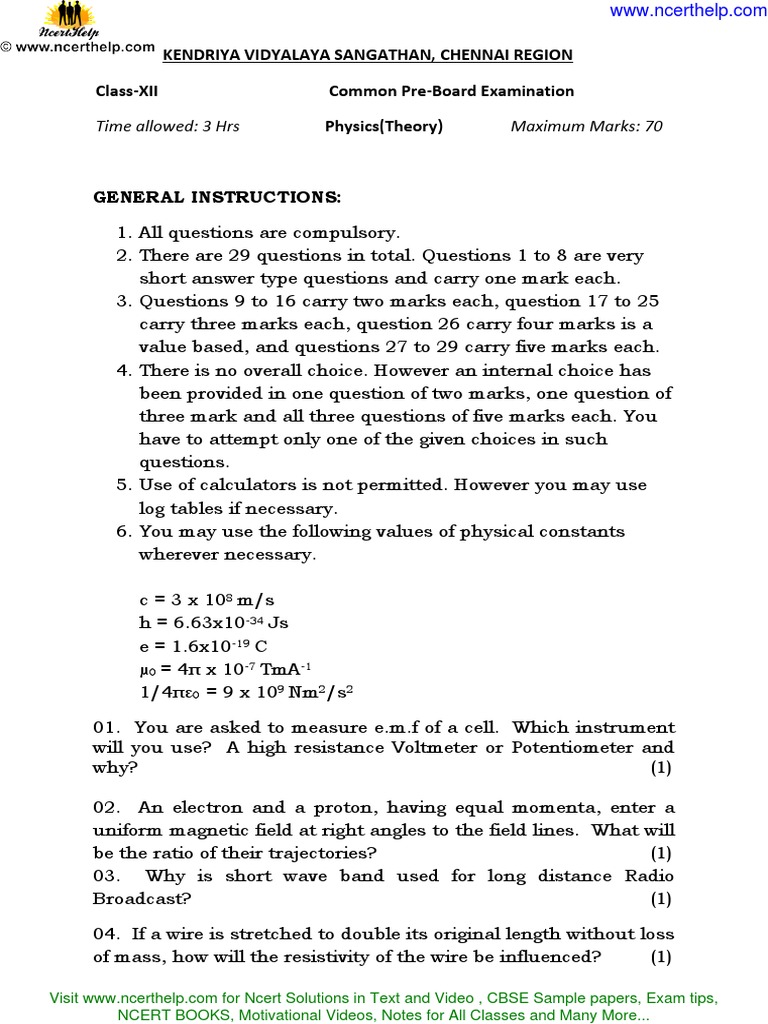 Question Paper For Class 12 Physics PDF | PDF | Electric Current ...